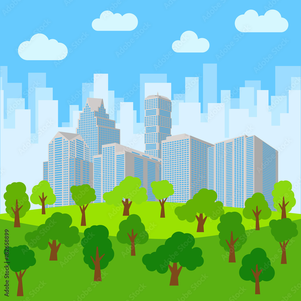 City park in the background of skyscrapers. Vector illustration
