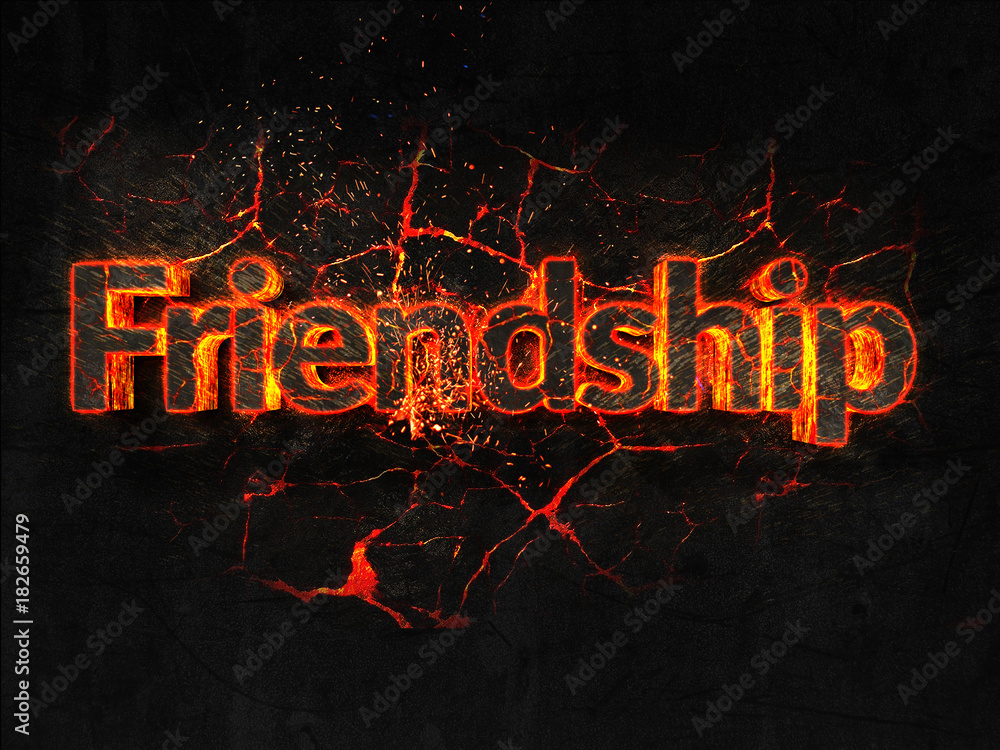 Friendship Fire text flame burning hot lava explosion background.