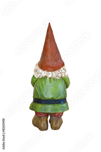 Gnome in green suit and red pointed hat in back side view