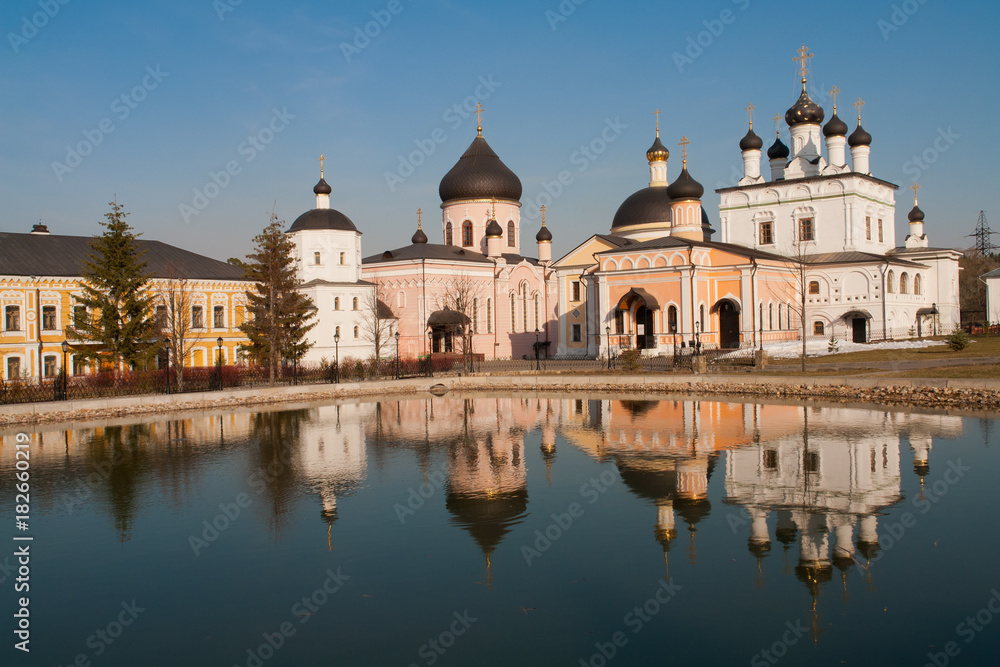 Cathedral of Ascension, St. Nicholas, Assumption and Znamensky Church, Cathedral of the All-Merciful Savior near pond, Ascension David's Deserts monastery, Moscow  region, Russia