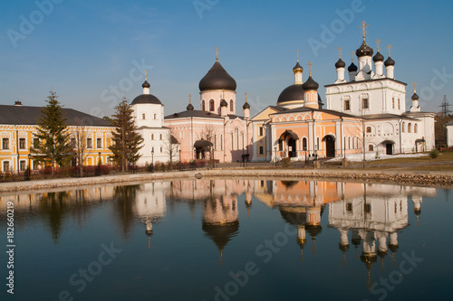 Cathedral of Ascension, St. Nicholas, Assumption and Znamensky Church, Cathedral of the All-Merciful Savior near pond, Ascension David's Deserts monastery, Moscow region, Russia