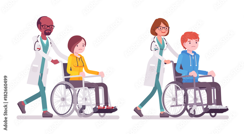 Male and female doctor with wheelchair patient Male and female doctor with wheelchair patient