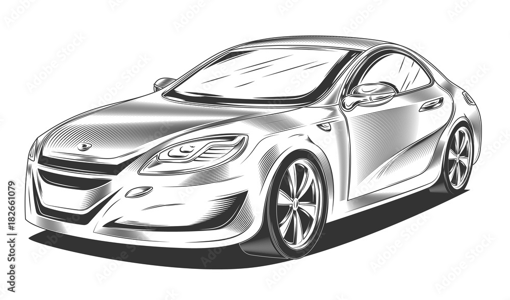 Modern sport car, sedan, hatchback, vector illustration engraving isolated on white background. Print, sketch, template, design element