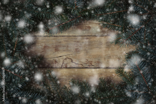 Fir branches on a wooden background. Snowfall