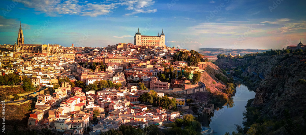 Panorama of the old city of Toledo, Tagus river, Spain