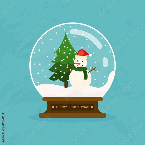 Merry christmas glass ball with snowman and tree. Flat design modern vector illustration concept.