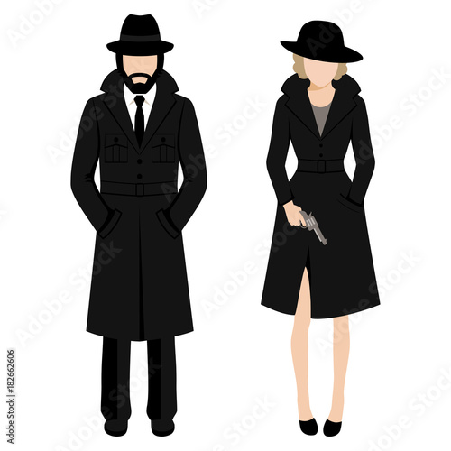 Vector illustration of a detective spy man and woman character. private ivestigation agent. mafia gangster