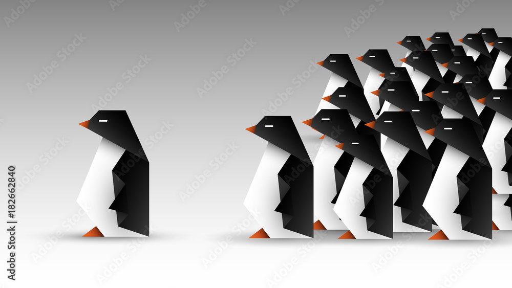stado pingwinów origami - obrazy, fototapety, plakaty 