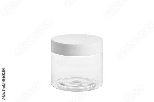 empty plastic, glass jars cosmetic, lotion packaging on a white background