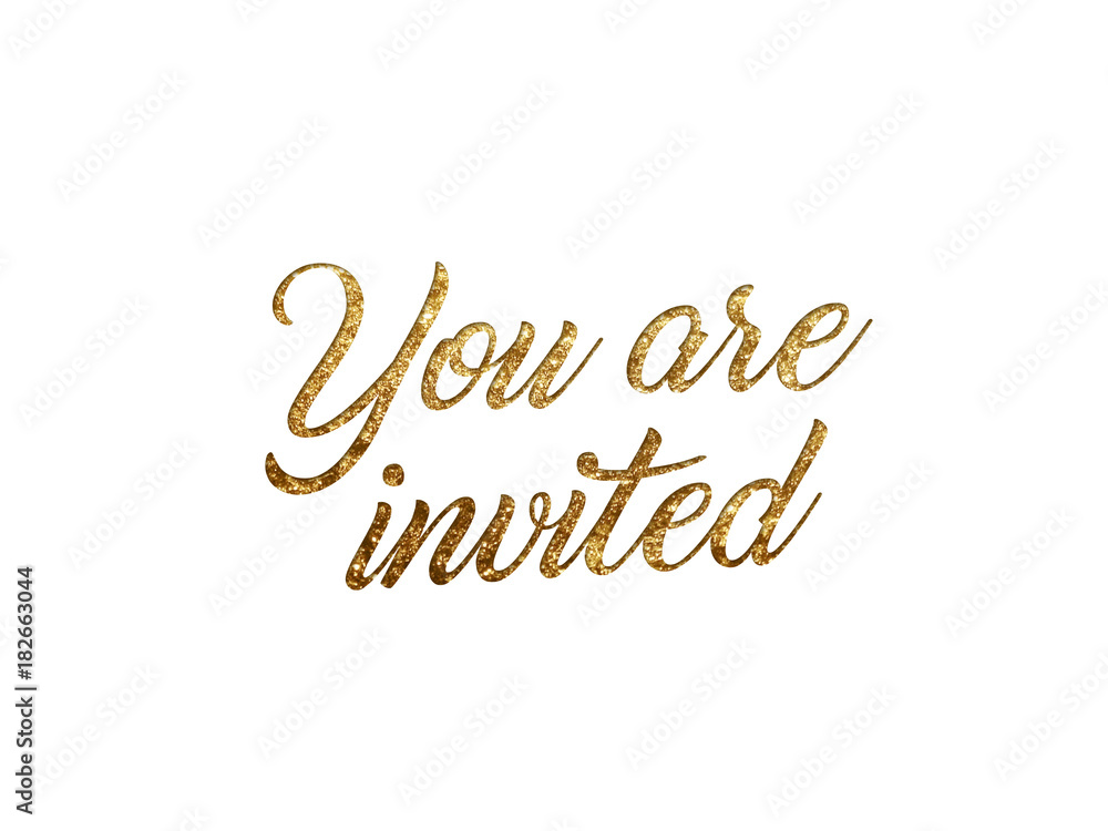 Golden glitter isolated hand writing word YOU ARE INVITED