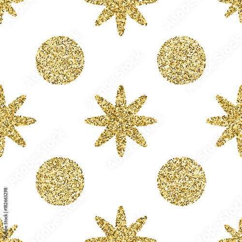 Pattern with gold glitter textured circle and star on the white background.