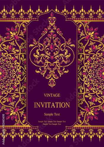 Wedding Invitation card templates with gold patterned and crystals on background color.