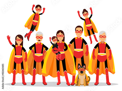 Family of superheroes, grandmother, grandfather, mother, father, children and dog in orange capes vector Illustration