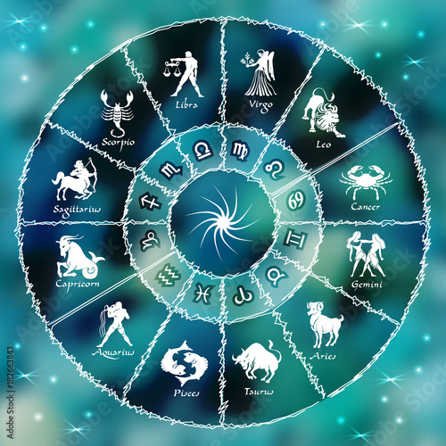 Blue neon horoscope circle.Circle with signs of zodiac.Vector