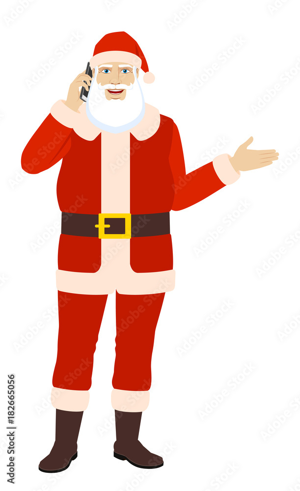 Santa Claus talking on the mobile phone and showing something Santa Claus talking on the mobile phone and showing something