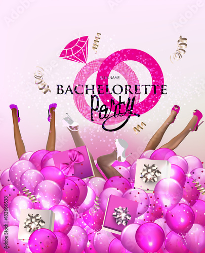 Bachelorette party banner with lady's legs protruding from air balloons with gift boxes. Vector illustration