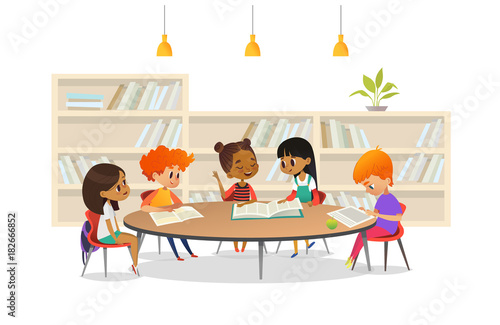 Group of children sitting around table at school library and listening to girl reading book out loud against bookcase or shelving on background. Cartoon vector illustration for banner, poster.