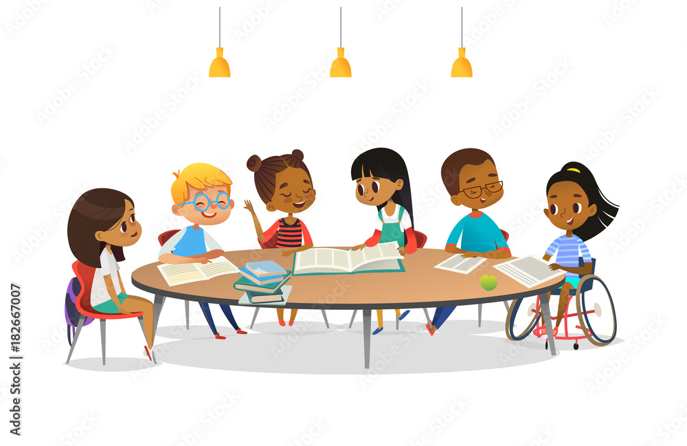 Smiling Disabled Girl In Wheelchair And Her School Friends Sitting Around Round Table Reading Books And Talk To Each Other Concept Of Inclusive Activity Cartoon Vector Illustration For Banner Stock ベクター