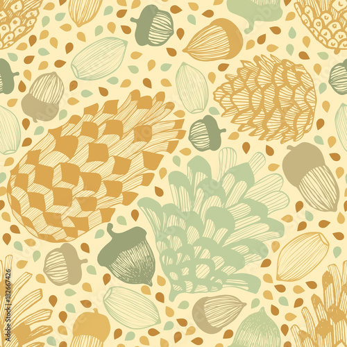 Colorful Seamless Background with Cones and Acorns. Hand Drawn Autumn and Winter Pattern. Vector Illustration