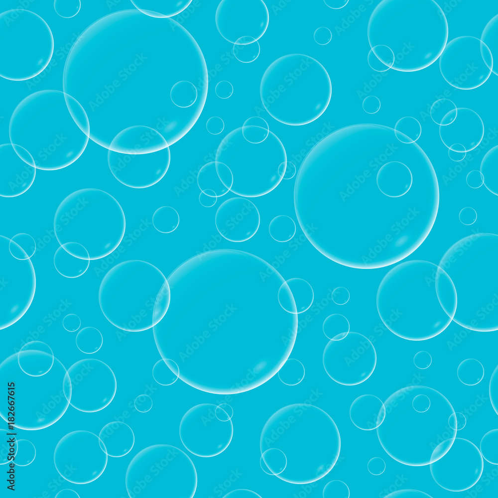 Seamless blue background with flying transparent soap bubbles with reflection