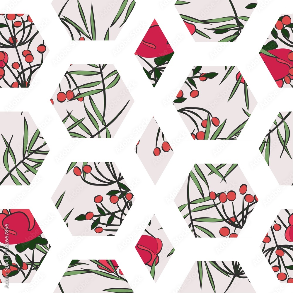 Fototapeta premium seamless pattern of colored flowers and leaves isolated on white background in hexagons