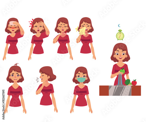 Set of flu, influenza symptoms fever, headache, rhinitis, coughing, sore throat, fatigue, wearing mask, cartoon vector illustration isolated on white background. Flu symptoms and prevention set