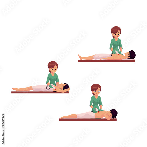 vector cartoon salon hair removal scenes set. Woman therapist in professional cosmetology beauty clinic removing hair from armpits of young cute girl and from chest, back of man by laser isolated