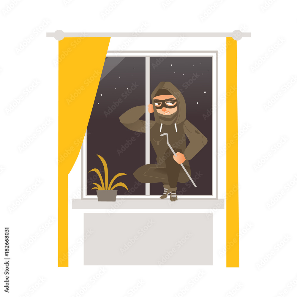 Thief in mask, robber breaking into house through window, flat comic vector illustration isolated on white background. Thief, burglar in mask and black suit breaks window open to rob house, apartment Thief in mask, robber breaking into house through window, flat comic vector illustration isolated on white background. Thief, burglar in mask and black suit breaks window open to rob house, apartment