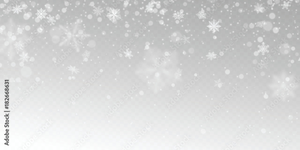 Realistic falling snow with white snowflakes, light effect