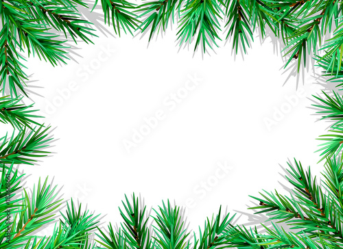 FIR BRANCH WITH SHADOW FLAT LAY PINE DECORATIVE FRAME ON WHITE BACKGROUND. CHRISTMAS GREETING CARD VECTOR