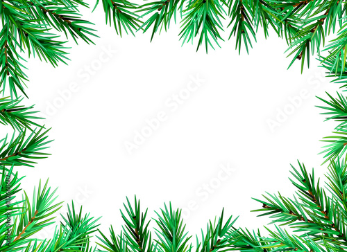 FIR BRANCH FLAT LAY PINE DECORATIVE FRAME ON WHITE BACKGROUND. CHRISTMAS GREETING CARD VECTOR