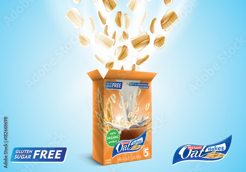 Oat flakes advertising poster with open oatmeal box and big splash of pouring milk vector realistic ads illustration