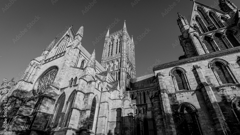 Looking Up South Transept and Tower of Lincoln Cathedral, Bishop Eye Tracery, Black and White Horizontal Photography