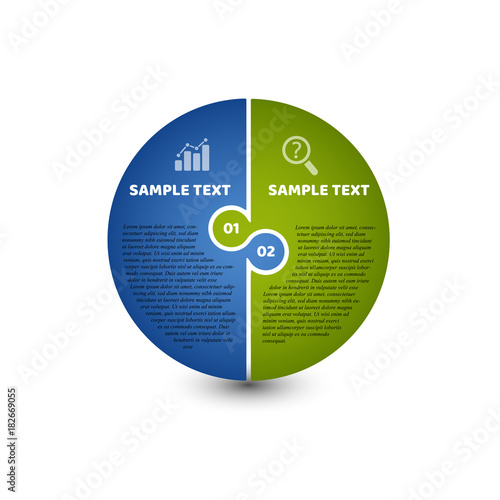 Circular infographic template with 2 steps. Bright colors and puzzle elements. For presentation and design concept. Vector illustration.
