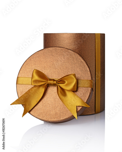 Tableau sur toile .Bronze classic shiny open round gift hat box with golden satin bow