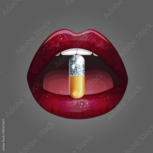 Hot mouth taking pill capsule filled with glitter sparkling dust