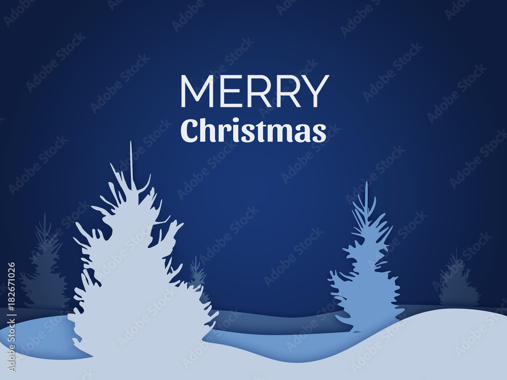 Merry Christmas vector card, blue night with pine trees.