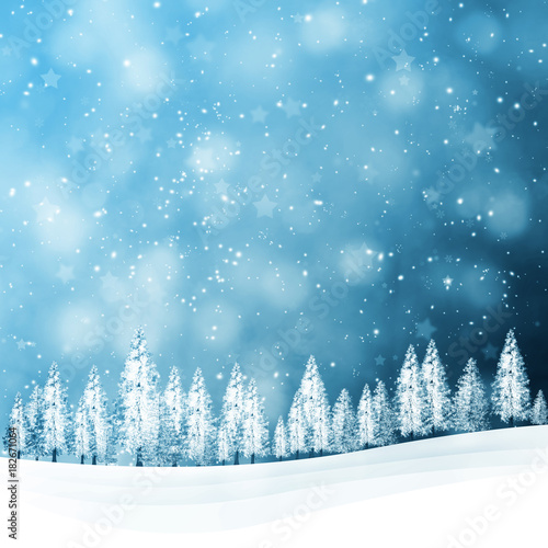 Winter snowfall landscape with snowy trees on the hills. Christmas and New Year holiday greeting card illustration background.