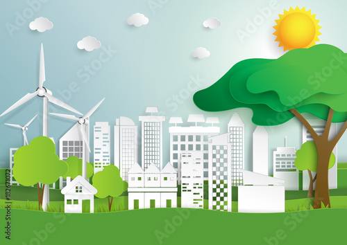Fototapeta Naklejka Na Ścianę i Meble -  Eco green city and nature landscape.Ecological and environment conservation concept.Green energy paper art style.Vector illustration.