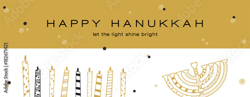 Hanukkah greeting banner , Jewish holiday symbols. golden hanukkah menora and candles