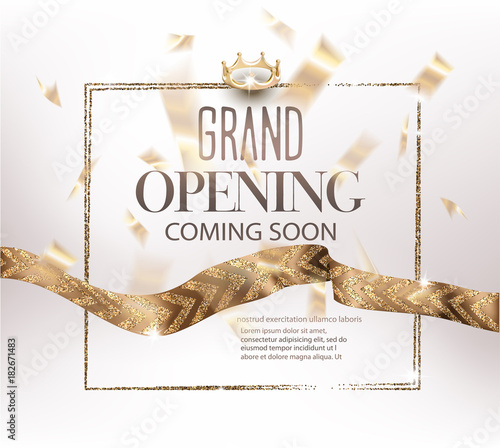 Grand opening invitation banner with gold ribbons with pattern and confetti. Vector illustration