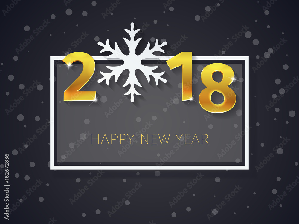 2018 Happy New Year gold 3D text with the frame on the Christmas dark flat background with falling snow. Greeting card, banner, invitation template. Clean and minimal black winter background. Vector. 2018 Happy New Year gold 3D text with the frame on the Christmas dark flat background with falling snow. Greeting card, banner, invitation template. Clean and minimal black winter background. Vector.