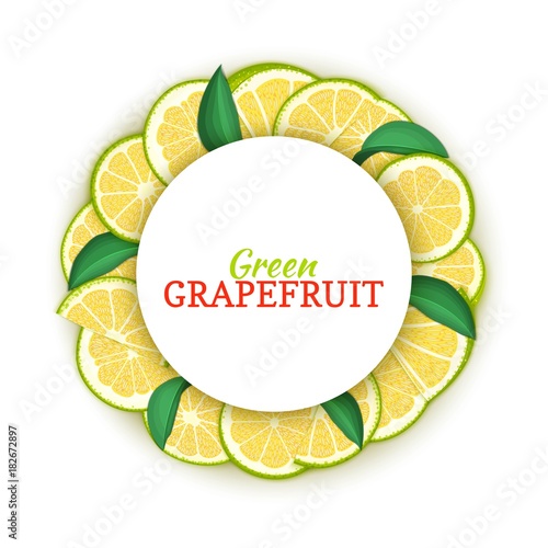 Round colored frame composed of tropical green grapefruit. Vector card illustration. Circle citrus pomelo citrus fruit frame for design of food packaging juice breakfast, cosmetics, tea, detox diet.