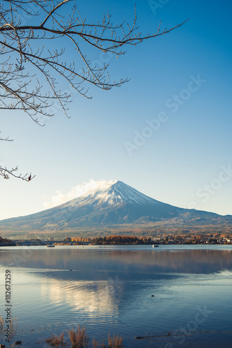 Landscape view of Fuji san mountain in Japan  Kawaguchiko lake with vintage color