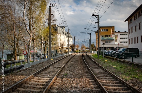 train rails in austrian alpine ski village