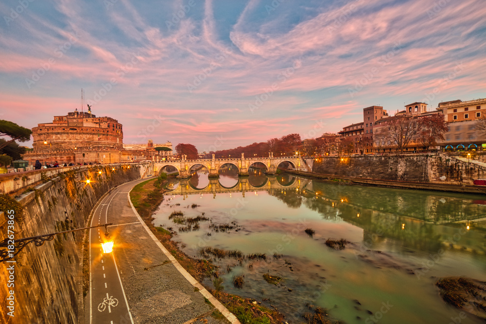 sunset on bridges of Rome