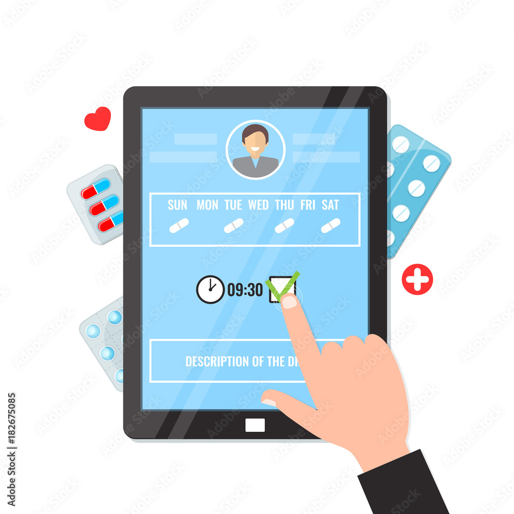 Pill reminder apps on computer tablet. Pill reminder apps on computer tablet.