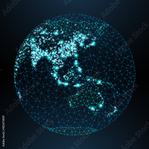 Vector low-poly image of a globe with lights in the form of world cities or population density.