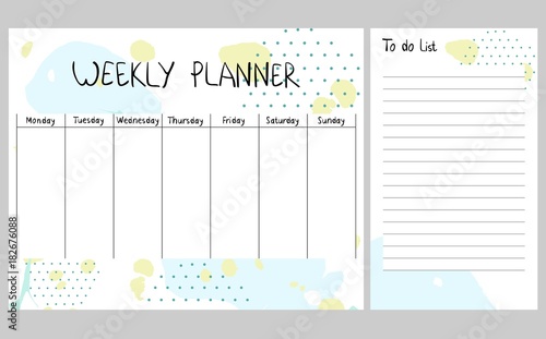 Hand drawing vector weekly planner. Abstract painting templates.