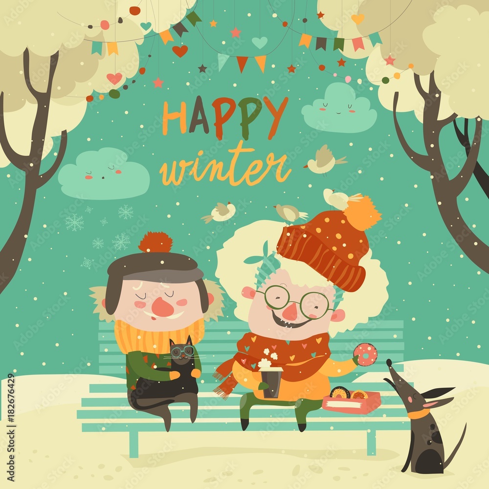 Funny grandmother and grandfather sitting with cat and dog in winter park Funny grandmother and grandfather sitting with cat and dog in winter park